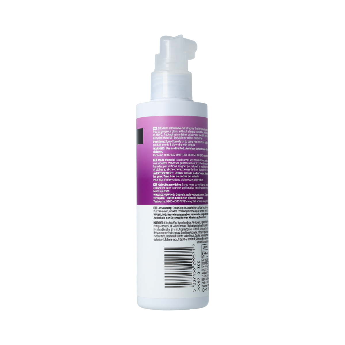 John Frieda Infinite Smooth Blow Out Spray 200ml, hair care product for smooth, shiny hair, shown in a clear spray bottle.