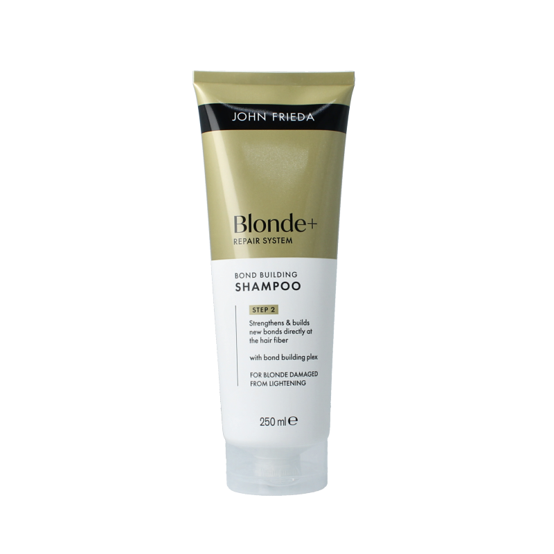 John Frieda Blond+ Repair Bond Building Shampoo 250ml bottle, blonde hair care product with sleek packaging.