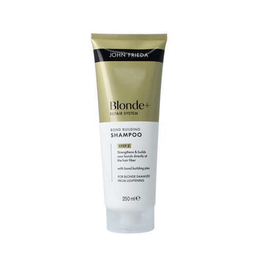 John Frieda Blond+ Repair Bond Building Shampoo 250ml bottle, blonde hair care product with sleek packaging.
