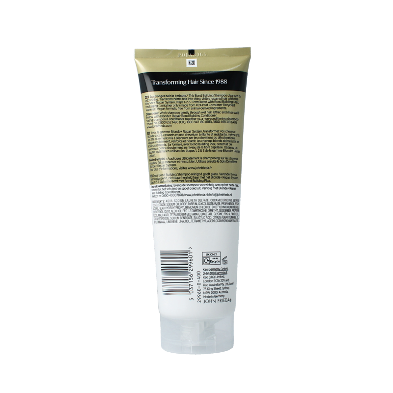 John Frieda Blond+ Repair Bond Building Shampoo 250ml bottle, blonde hair care product for damaged hair repair.