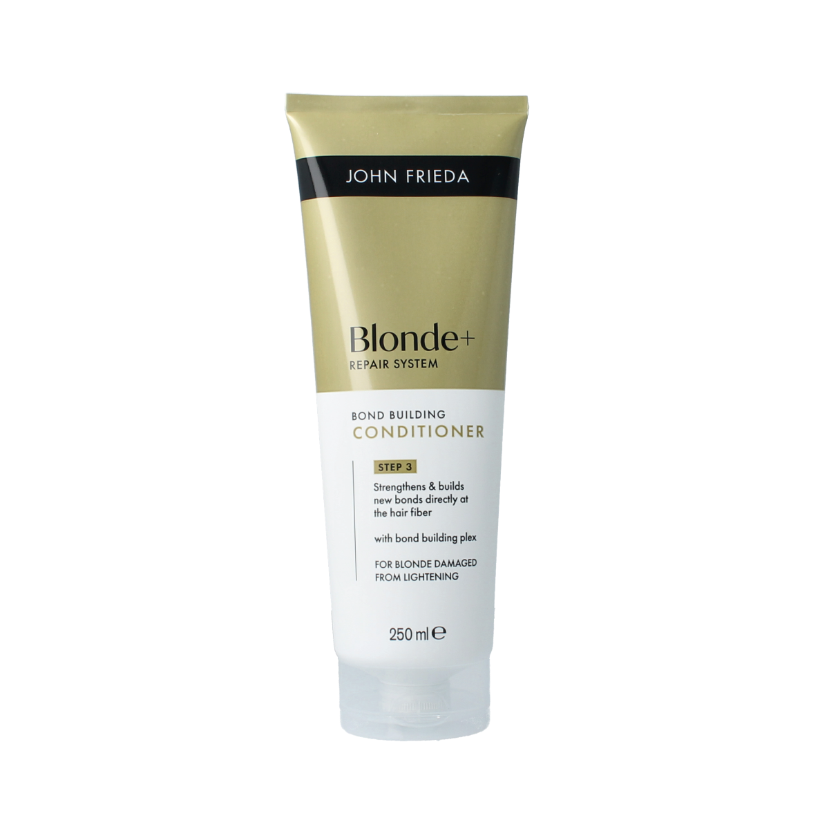 John Frieda Blond+ Repair Bond Building Conditioner 250ml, hair care product for damaged blonde hair, with a sleek bottle and pump dispenser.