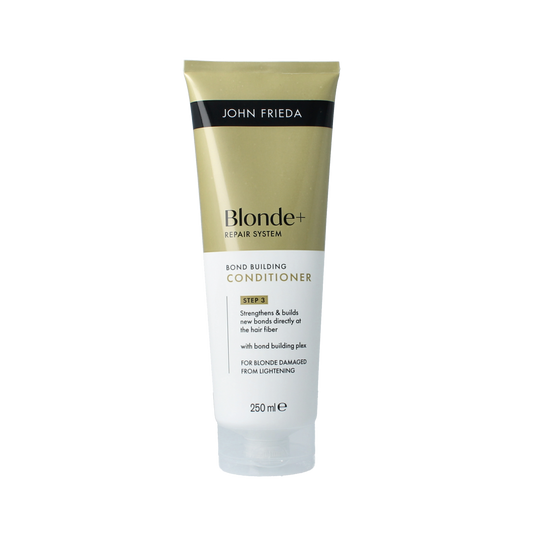 John Frieda Blond+ Repair Bond Building Conditioner 250ml, hair care product for damaged blonde hair, with a sleek bottle and pump dispenser.