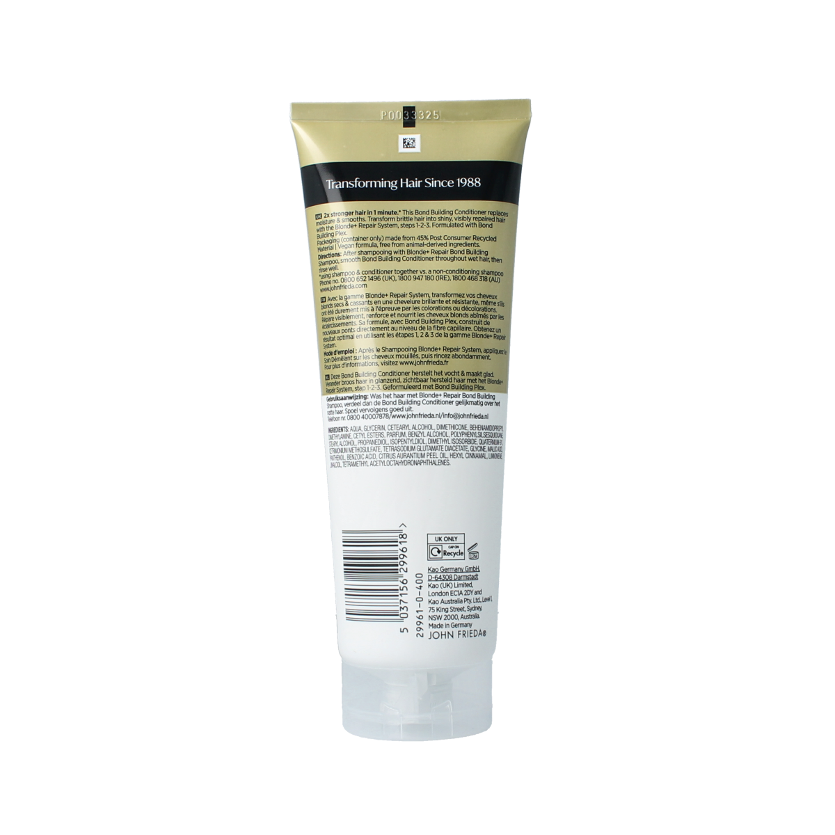 John Frieda Blond+ Repair Bond Building Conditioner 250ml, hydrating hair care product for blond hair repair and strengthening