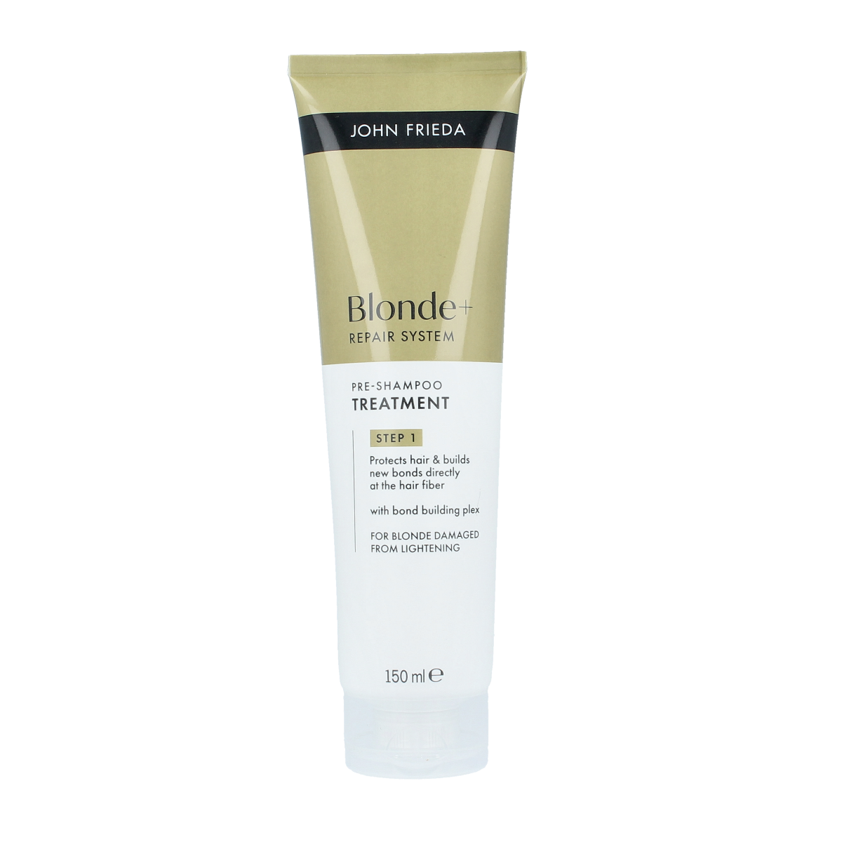 John Frieda Pre-shampoo blonde repair bond building hair treatment in a 100ml bottle, showcased with product label and packaging details.