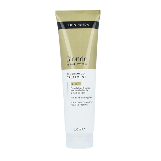 John Frieda Pre-shampoo blonde repair bond building hair treatment in a 100ml bottle, showcased with product label and packaging details.
