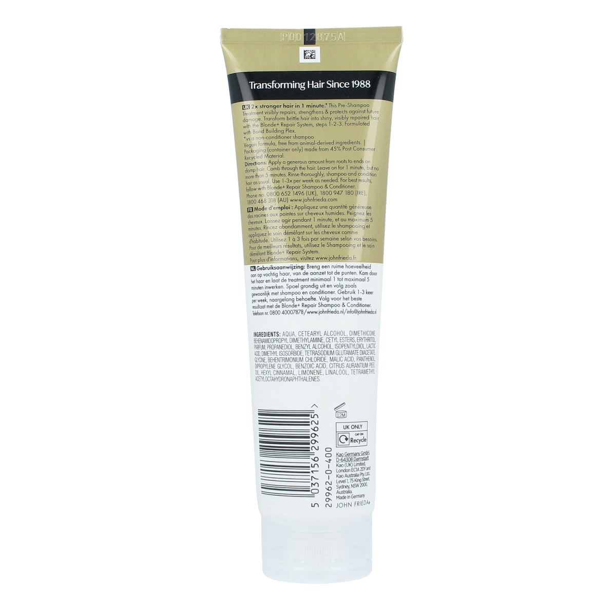 John Frieda Blonde Repair Bond Building Pre-shampoo bottle, 100ml, for blonde hair care and damage repair.