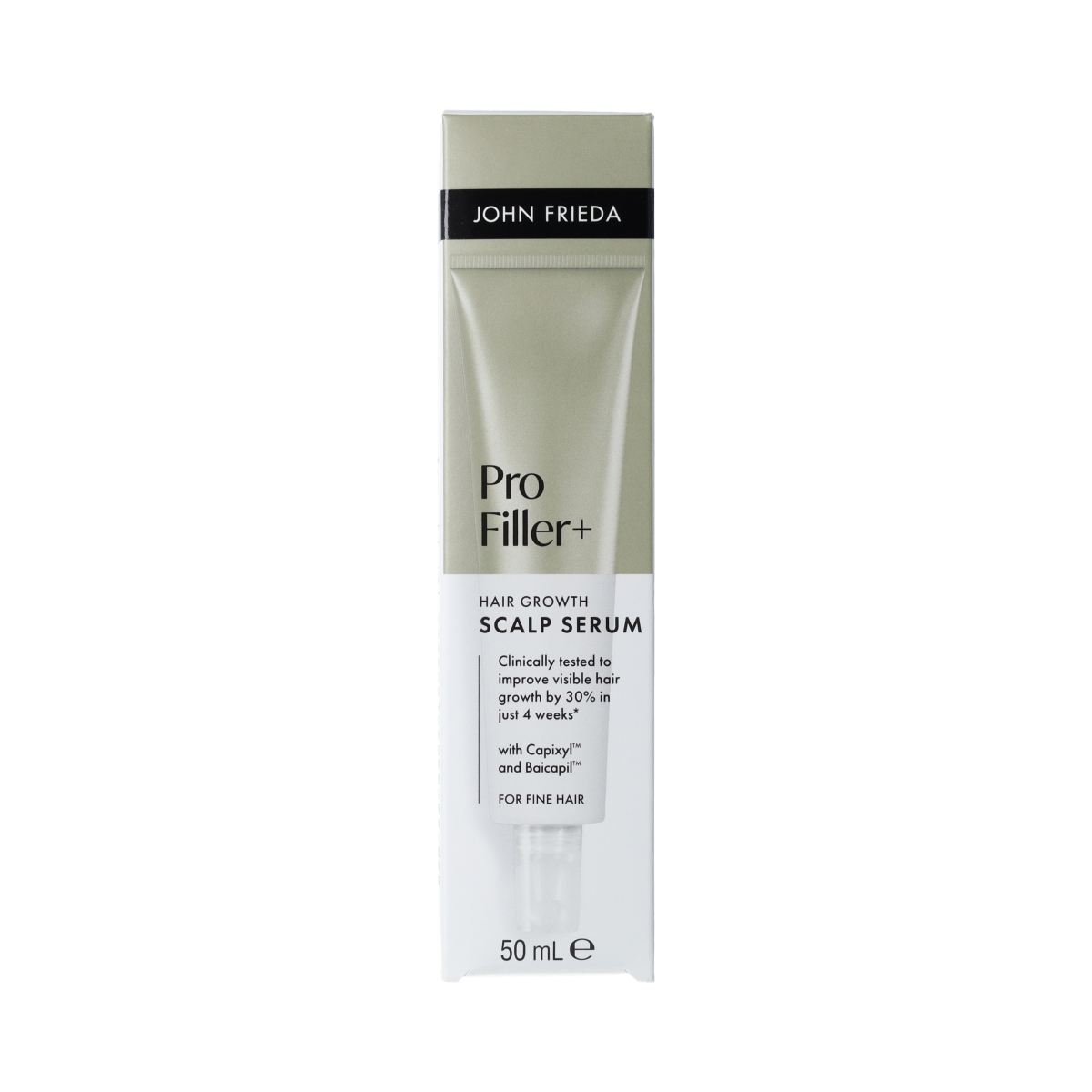 John Frieda Profiller+ scalp serum bottle with 50ml capacity, featuring a sleek design and applicator nozzle for hair care.