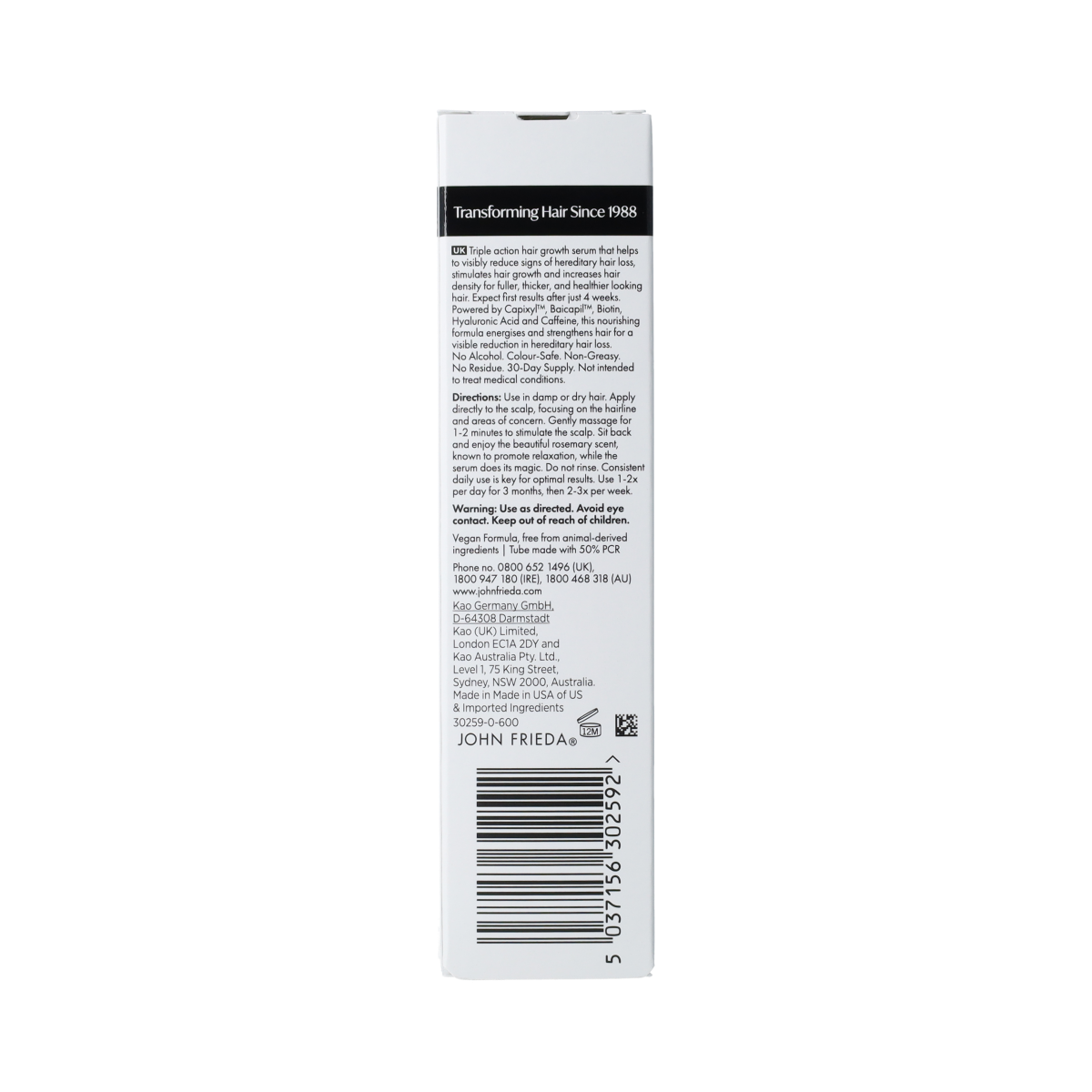 John Frieda Profiller+ scalp serum bottle, 50ml, haircare product with a sleek design for scalp and hair health.