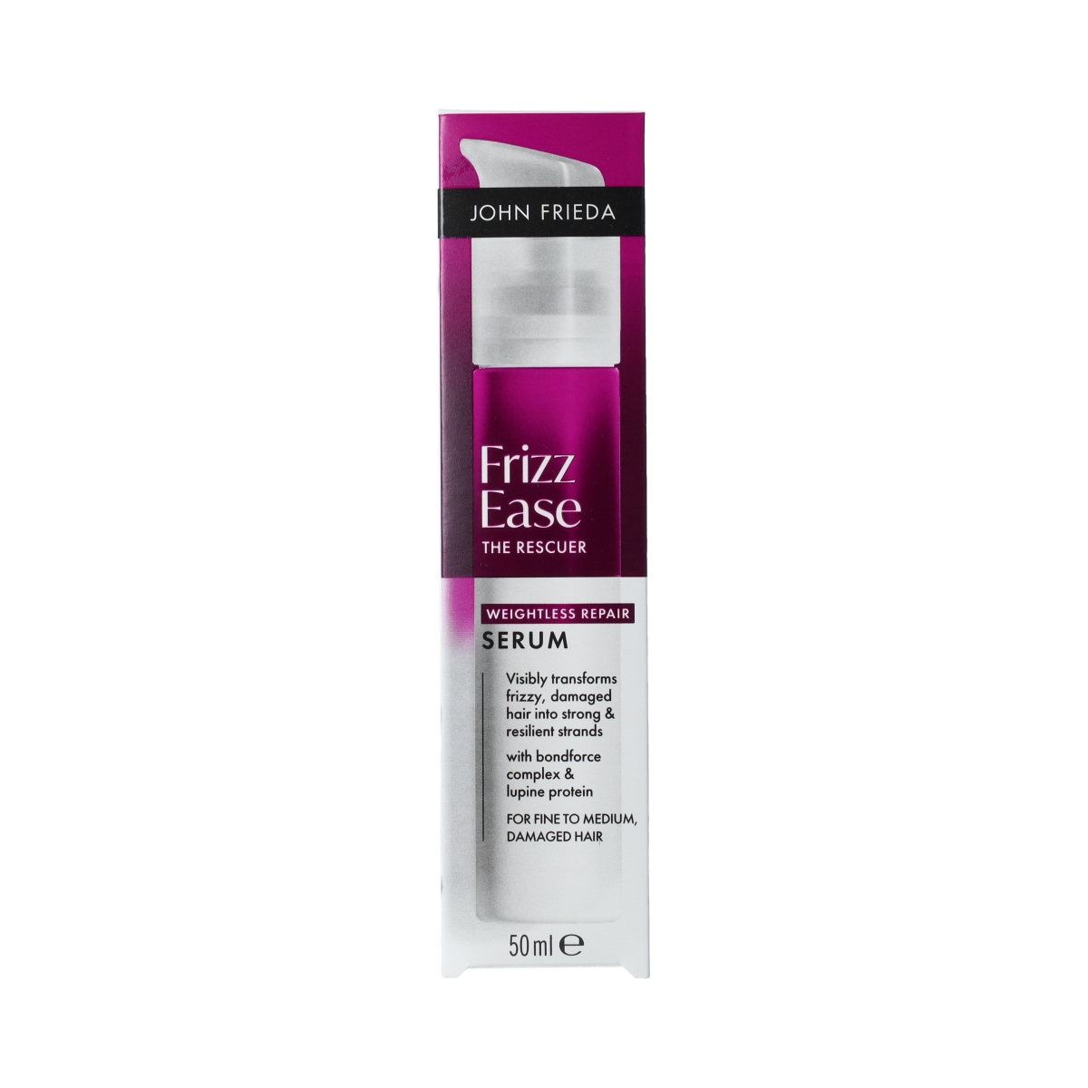 John Frieda The Rescuer hair serum in a 50ml bottle, designed to repair and nourish damaged hair.