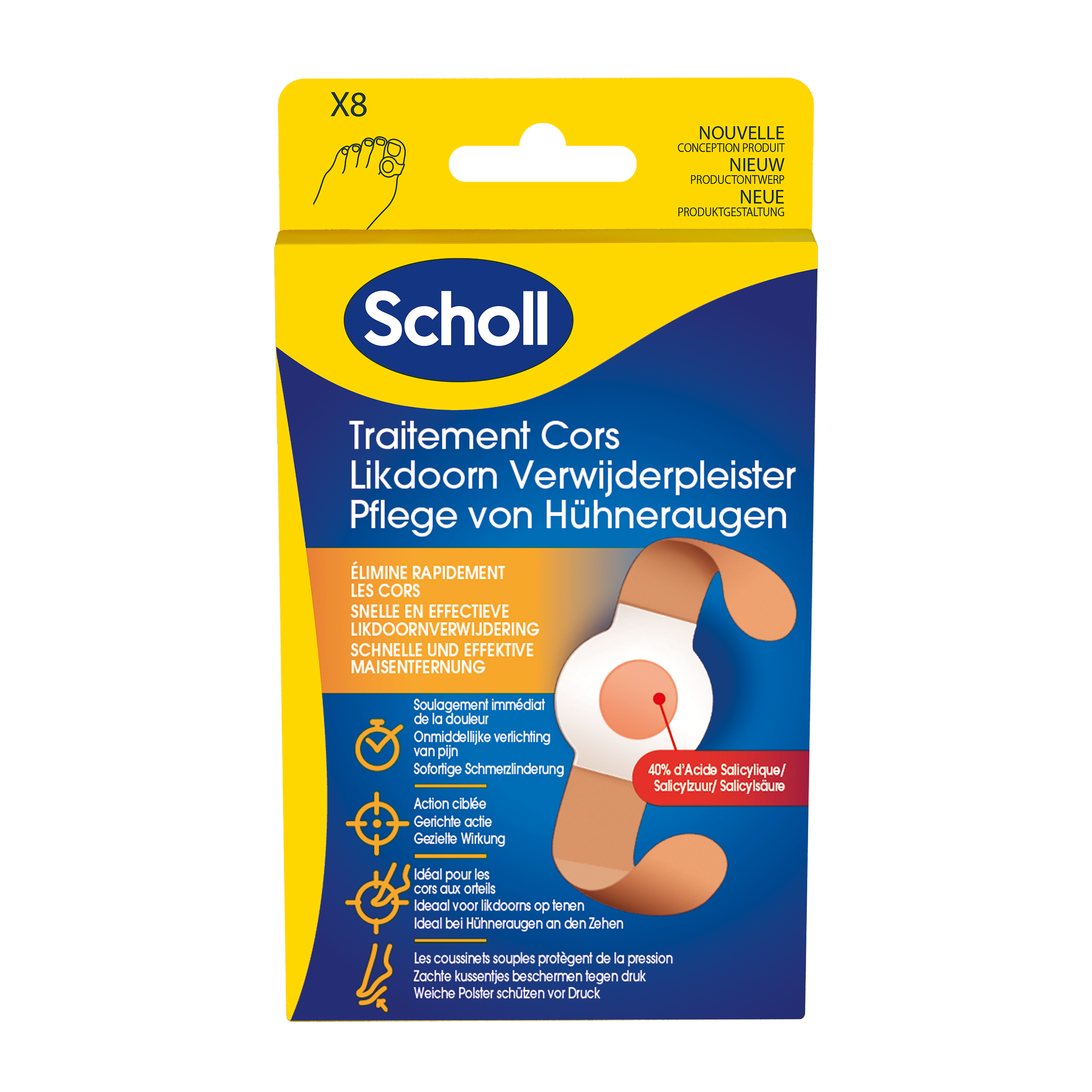 Scholl Likdoorn verwijderpleisters for foot care, 8-pack, showing adhesive patches for removing corns and calluses.