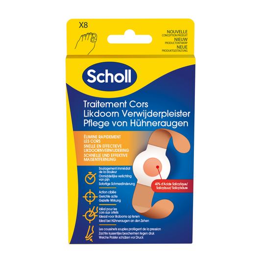 Scholl Likdoorn verwijderpleisters for foot care, 8-pack, showing adhesive patches for removing corns and calluses.