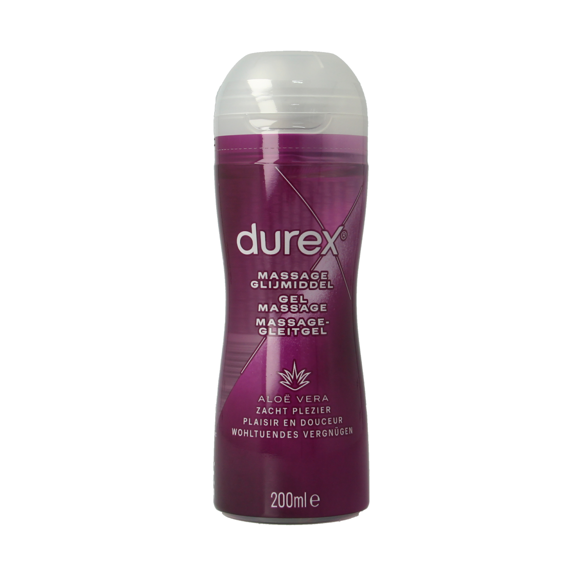 Durex 2-in-1 aloe vera massage oil and lubricant bottle, 200ml, with clear label and cap, designed for intimate use.