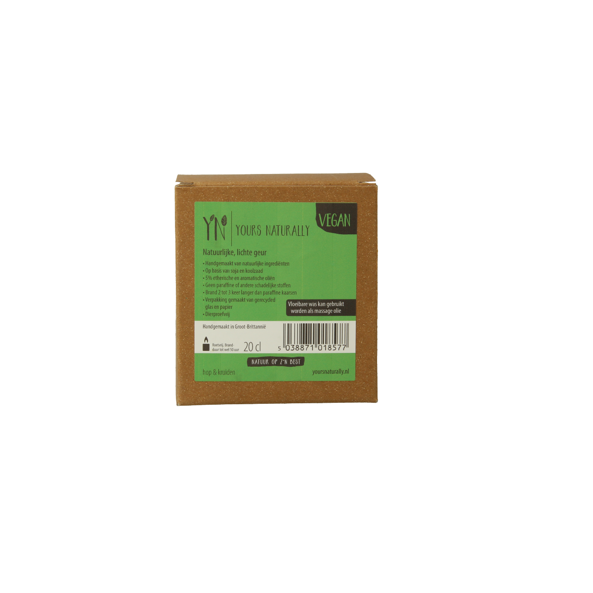 Yours Naturally glass scented candle with hop and herbs in 20cl jar, natural aroma, cozy home decor lighting.