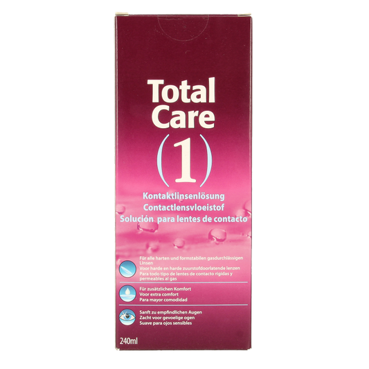 Totalcare contact lens solution 240ml bottle, clear liquid in a transparent container, suitable for cleaning and storing contact lenses.