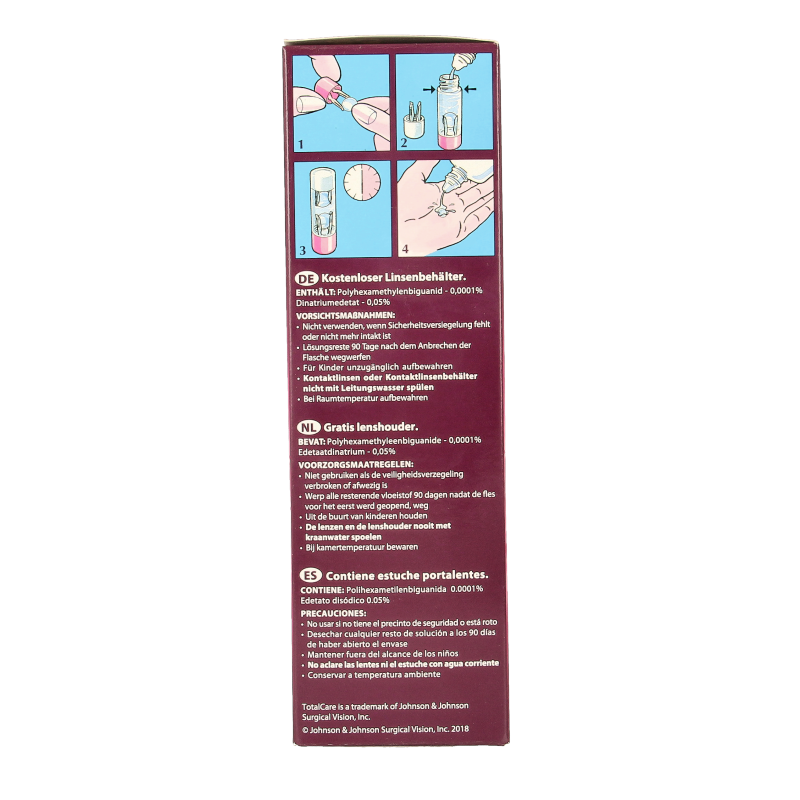 Totalcare contact lens solution in a 240ml bottle, suitable for cleaning and storing contact lenses, from the Totalcare Optiek brand.