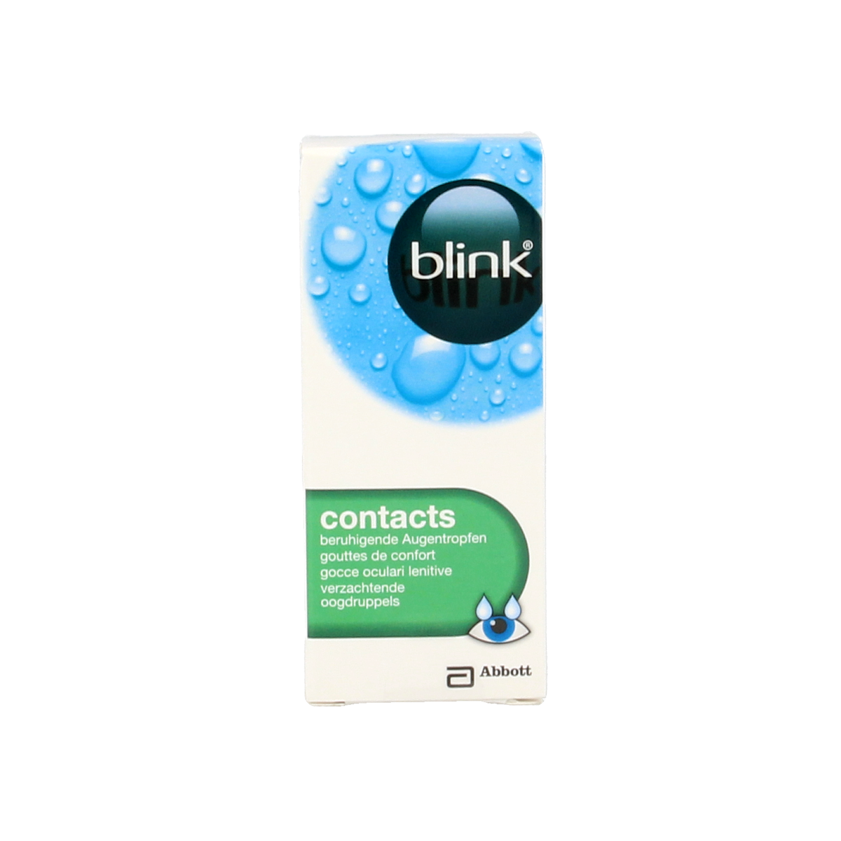 Blink contacts eye drops 10ml bottle, eye care product from Blink with clear liquid inside for moisturizing and soothing eyes.