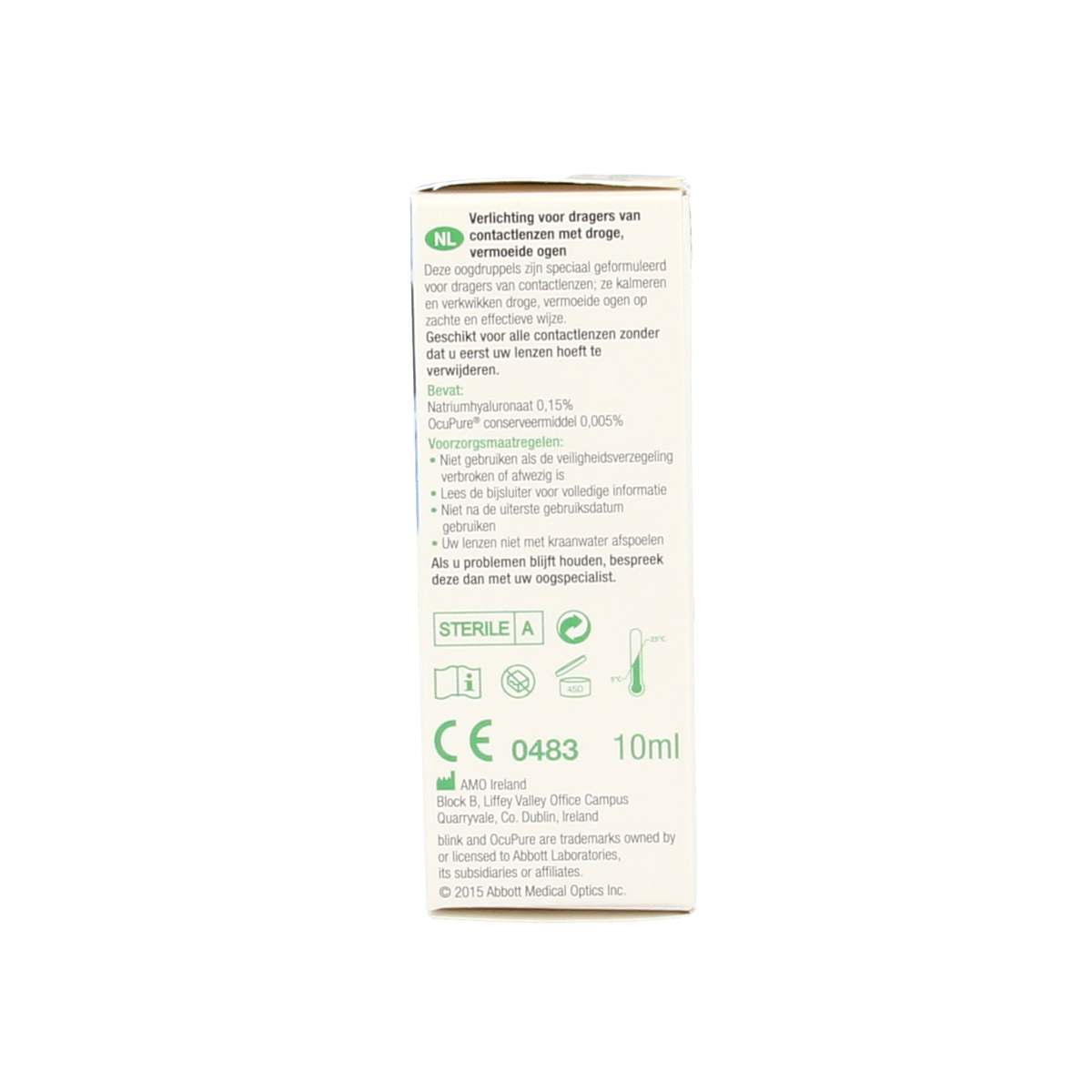 Blink Contacts oogdruppels in 10ml bottle, eye care product for soothing and moisturizing eyes, by Blink brand.