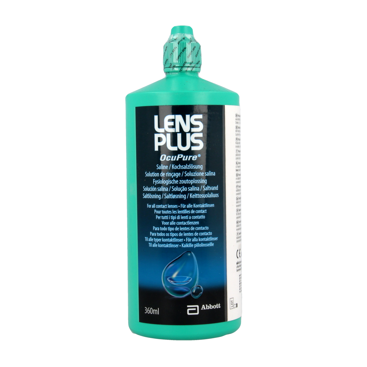 Bottle of Lens Plus Ocupure contact lens solution, 360ml, in a clear plastic container with label and cap.