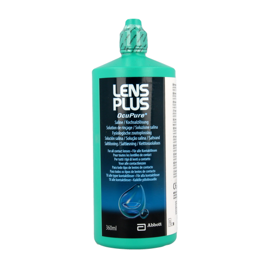 Bottle of Lens Plus Ocupure contact lens solution, 360ml, in a clear plastic container with label and cap.
