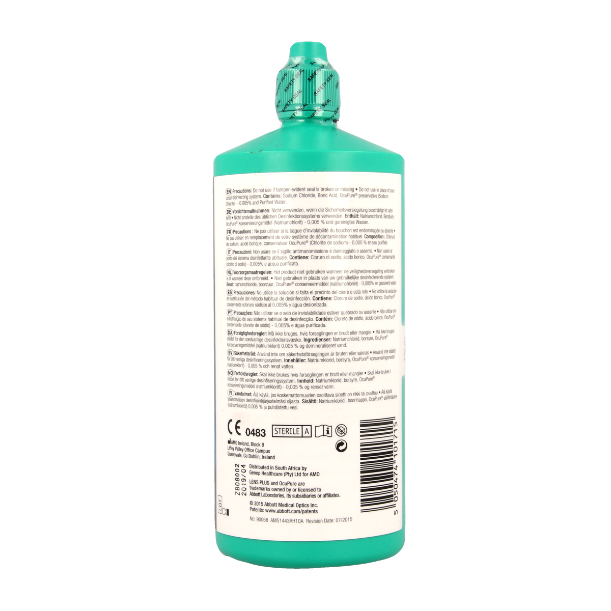 Lens Plus Ocupure contact lens solution in a 360ml bottle, used for cleaning and storing contact lenses in optiek.