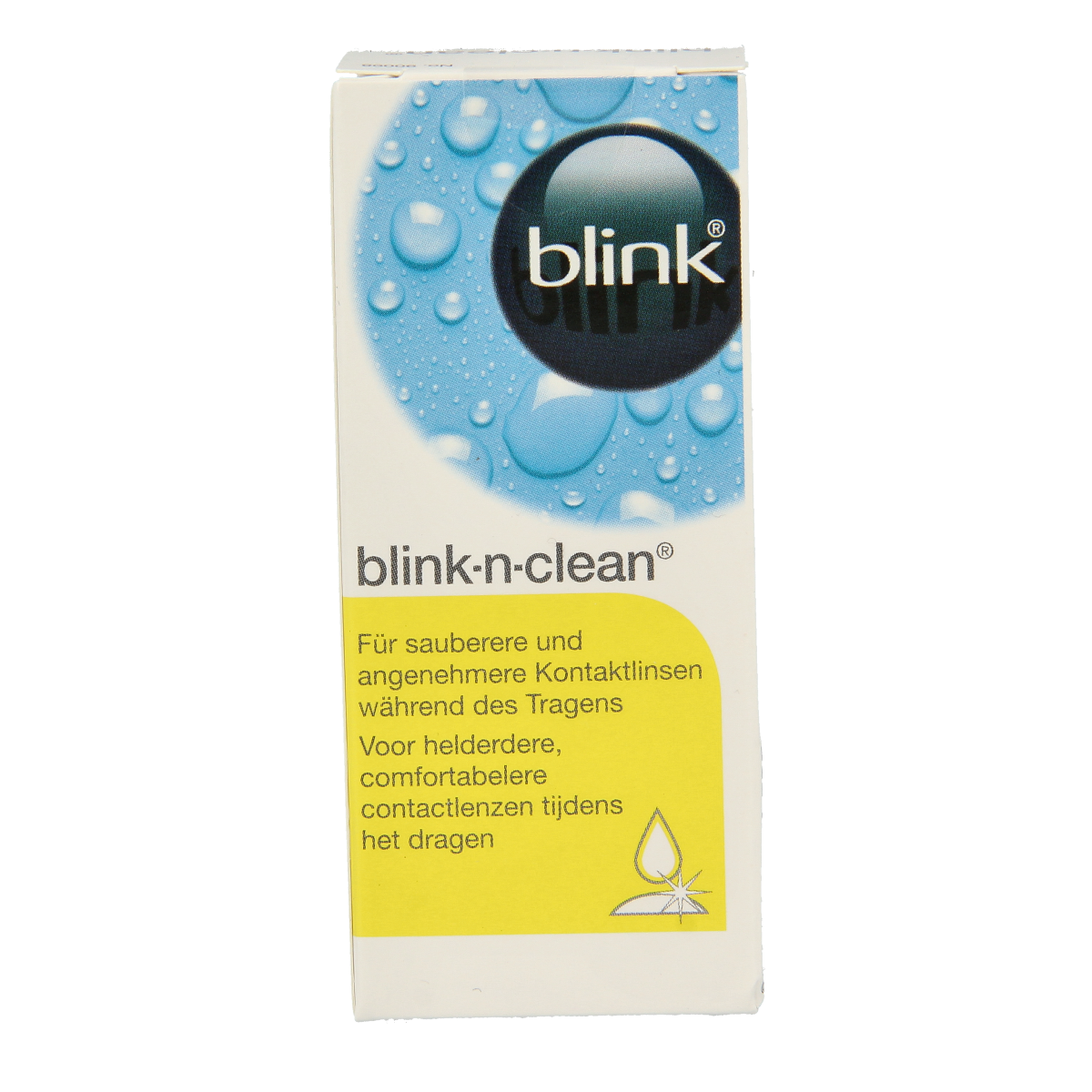 Blink N clean oogdruppels in 15ml bottle for eye care, shown in a clear container with a white cap and label.