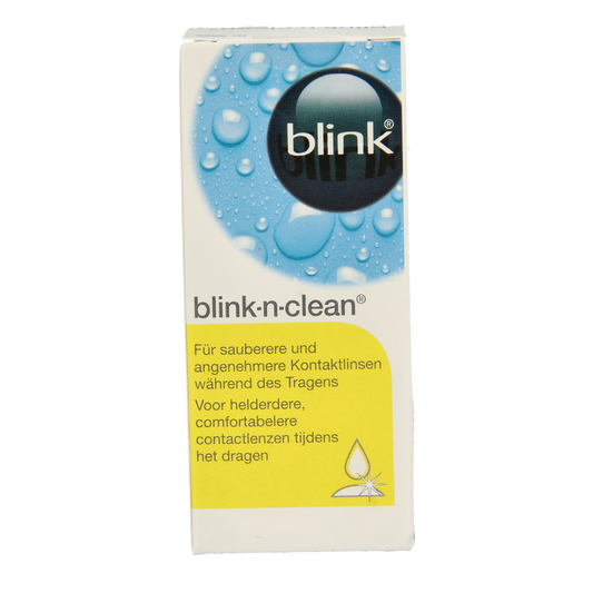 Blink N clean oogdruppels in 15ml bottle for eye care, shown in a clear container with a white cap and label.
