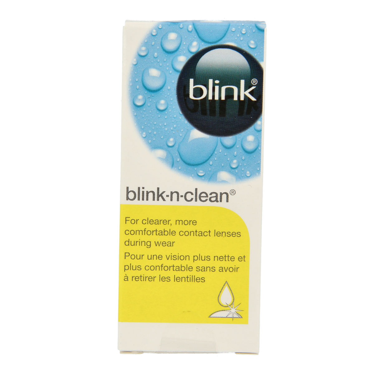Blink N Clean eye drops 15ml bottle, eye care product by Blink, with clear liquid in a small eye dropper bottle.