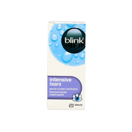 Bottle of Blink Intensive Tears eye drops in a 10ml container for eye care and hydration.