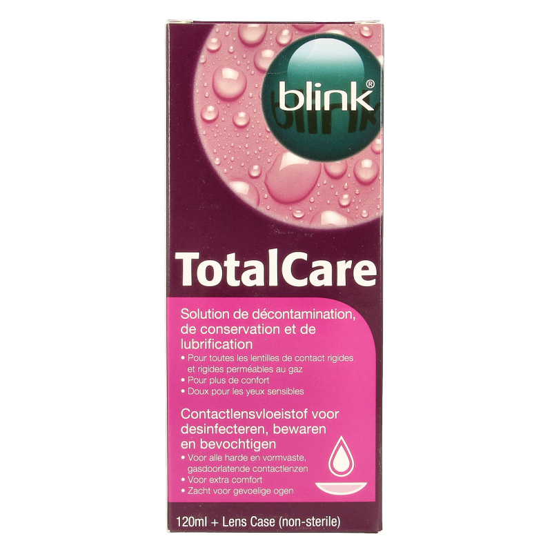 Blink Total Care solution and lens cassette for eye care, 120ml in an optiek setting, featuring bottles and lens cleaning accessories.