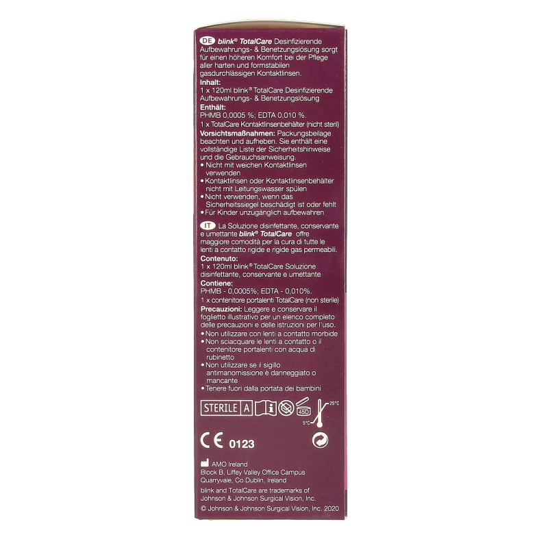 Blink Total Care solution and lens cassette in a 120ml bottle, ideal for optical lens cleaning and maintenance.