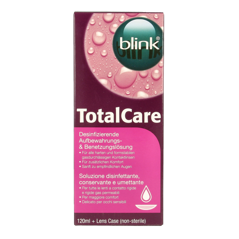 Blink Total Care solution and lens cassette for eye care, 120ml bottle, designed for optical use.