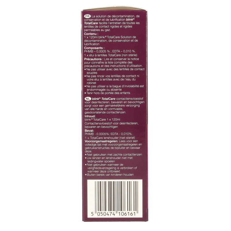Blink Total Care solution and lens cassette for optical care, 120ml bottle, ideal for cleaning and maintaining contact lenses.