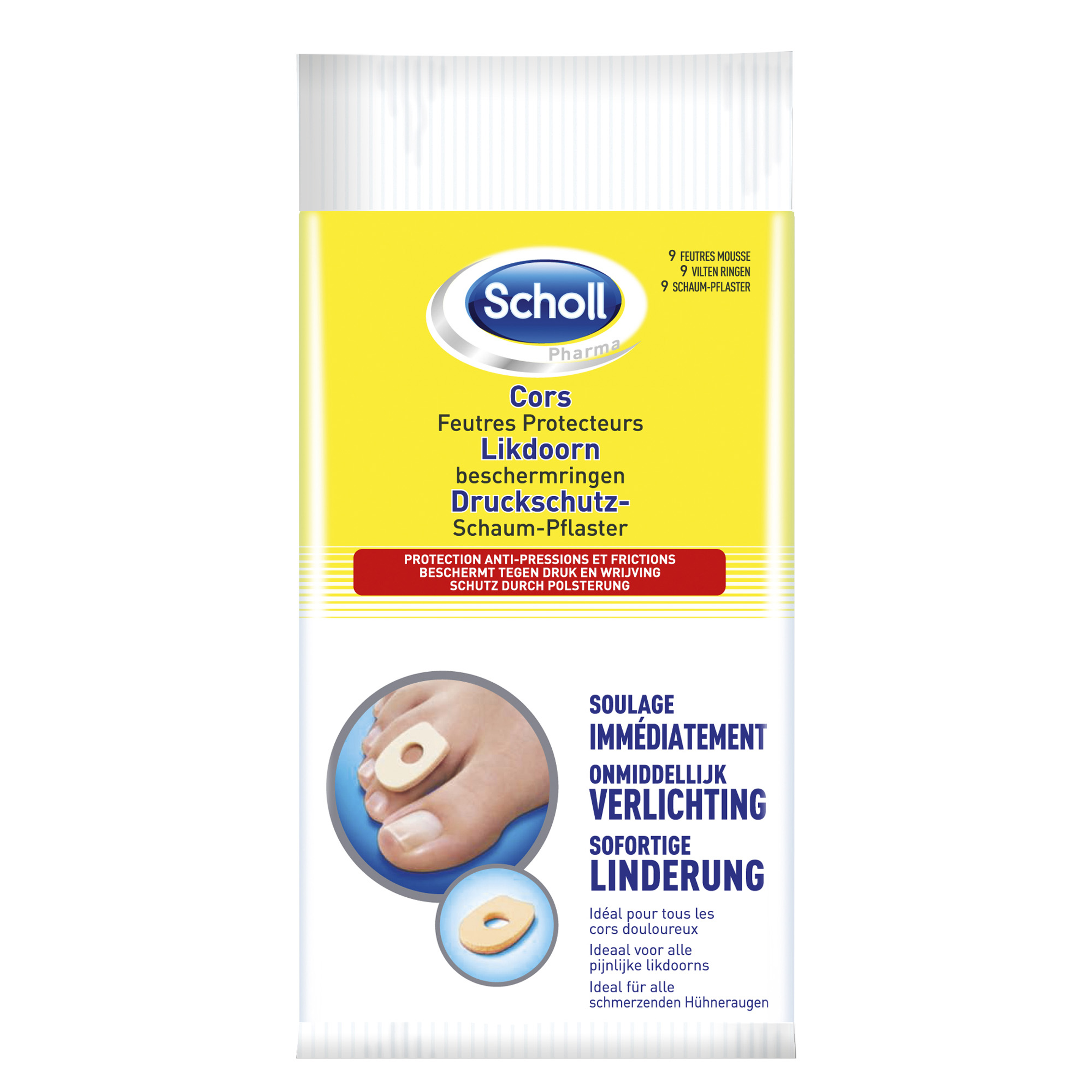 Scholl Likdoorn bescherming voor voetverzorging, 9 stuks, zachte gel pads voor het beschermen van pijnlijke likdoorns.