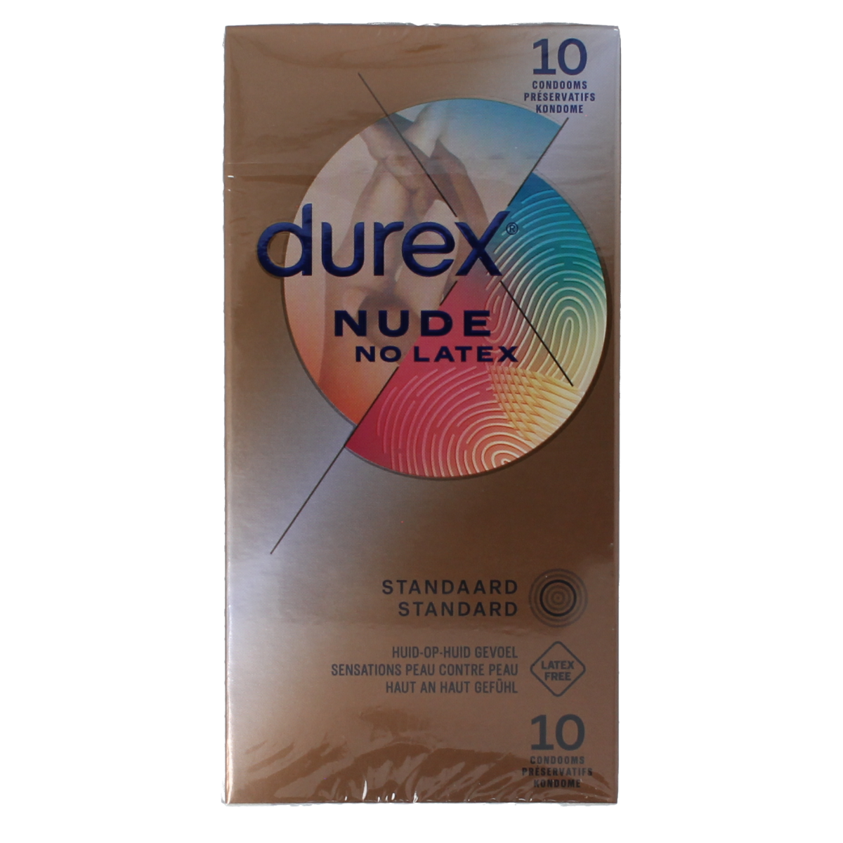Durex Real Feeling latex-free condoms pack of 10, featuring transparent, smooth, and lubricated condom design.