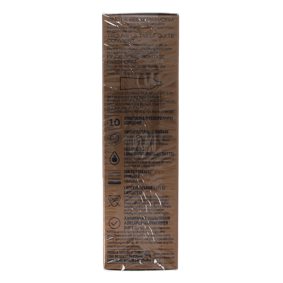 Durex Real Feeling latex-free condoms 10-pack, transparent and lubricated, designed for enhanced sensation and comfort.