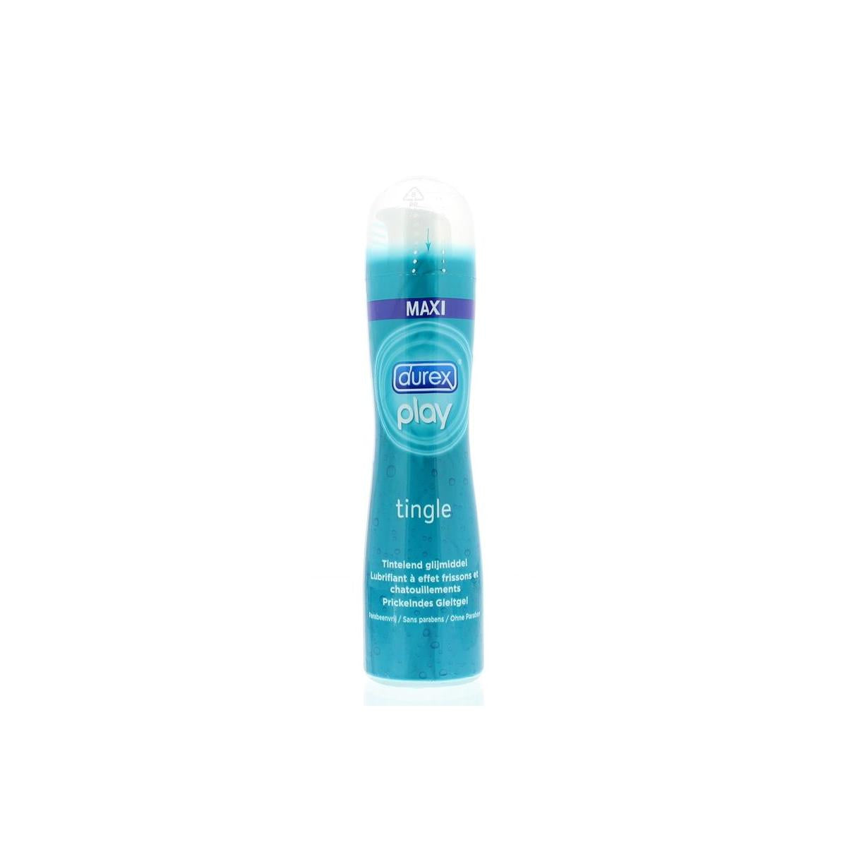 Durex Play Tingle Gel 100ml, a lubricating gel in a clear bottle with a flip cap, designed for intimate use.