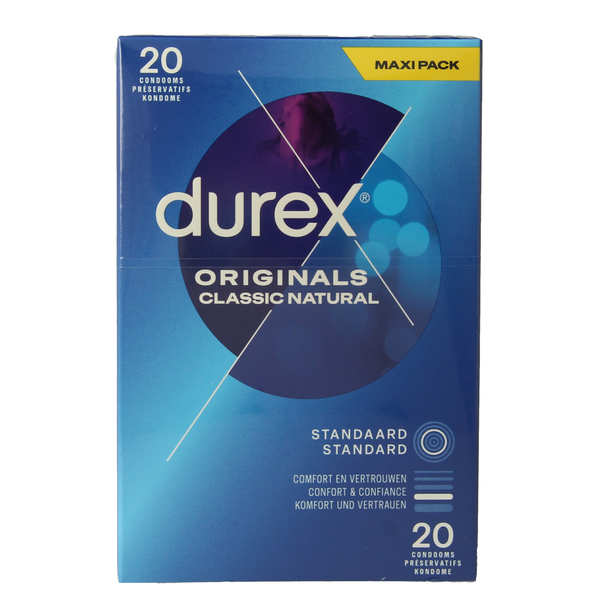 Box of Durex Classic natural condoms with 20 pieces, showing the product packaging and branding.