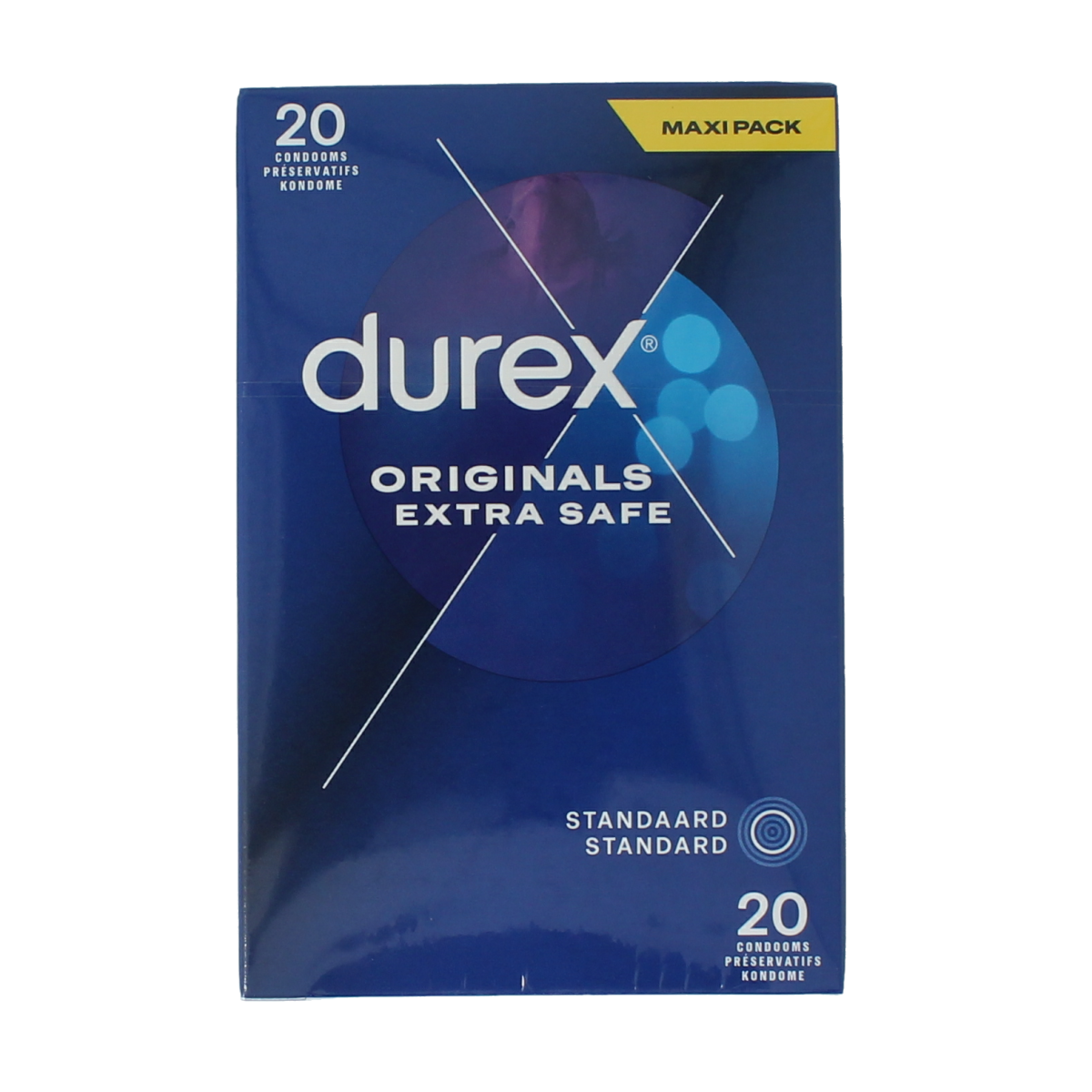 Durex Extra Safe condoms in a box of 20, featuring discreet packaging and labeled for protection and safety.