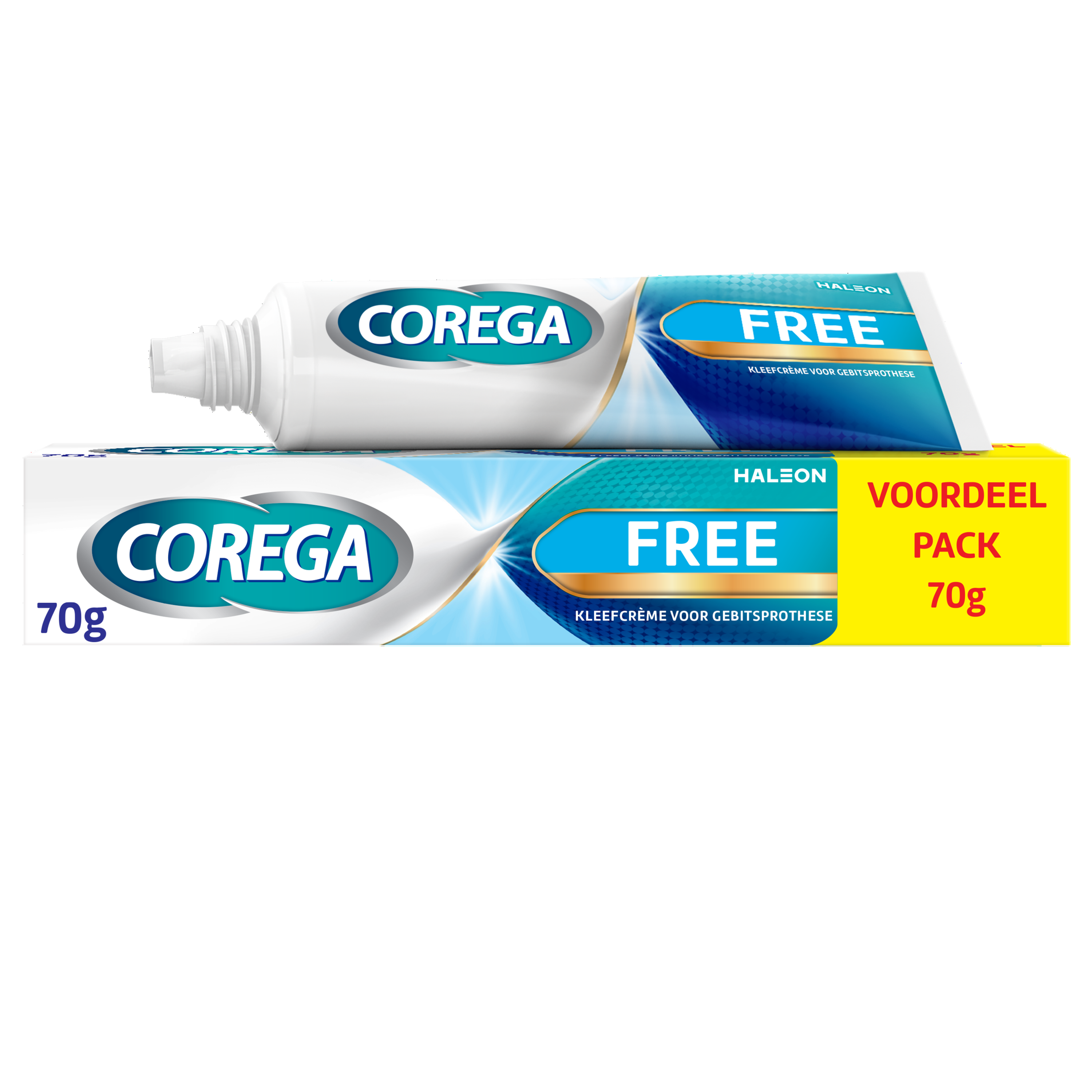 Corega Free denture adhesive cream in 70g tube, designed for oral hygiene and denture comfort.