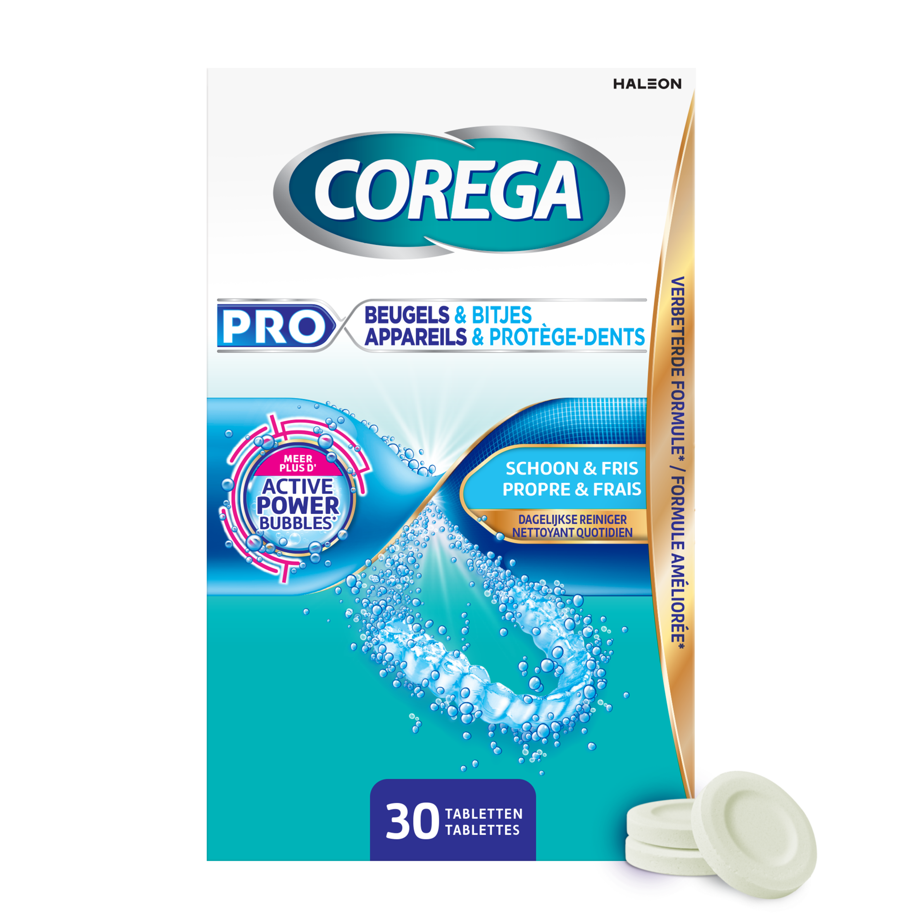 Corega Beugel en bitjes reinigingstabletten voor mondhygiëne, 30 stuks, effectieve mondverzorging en poetscontrole.