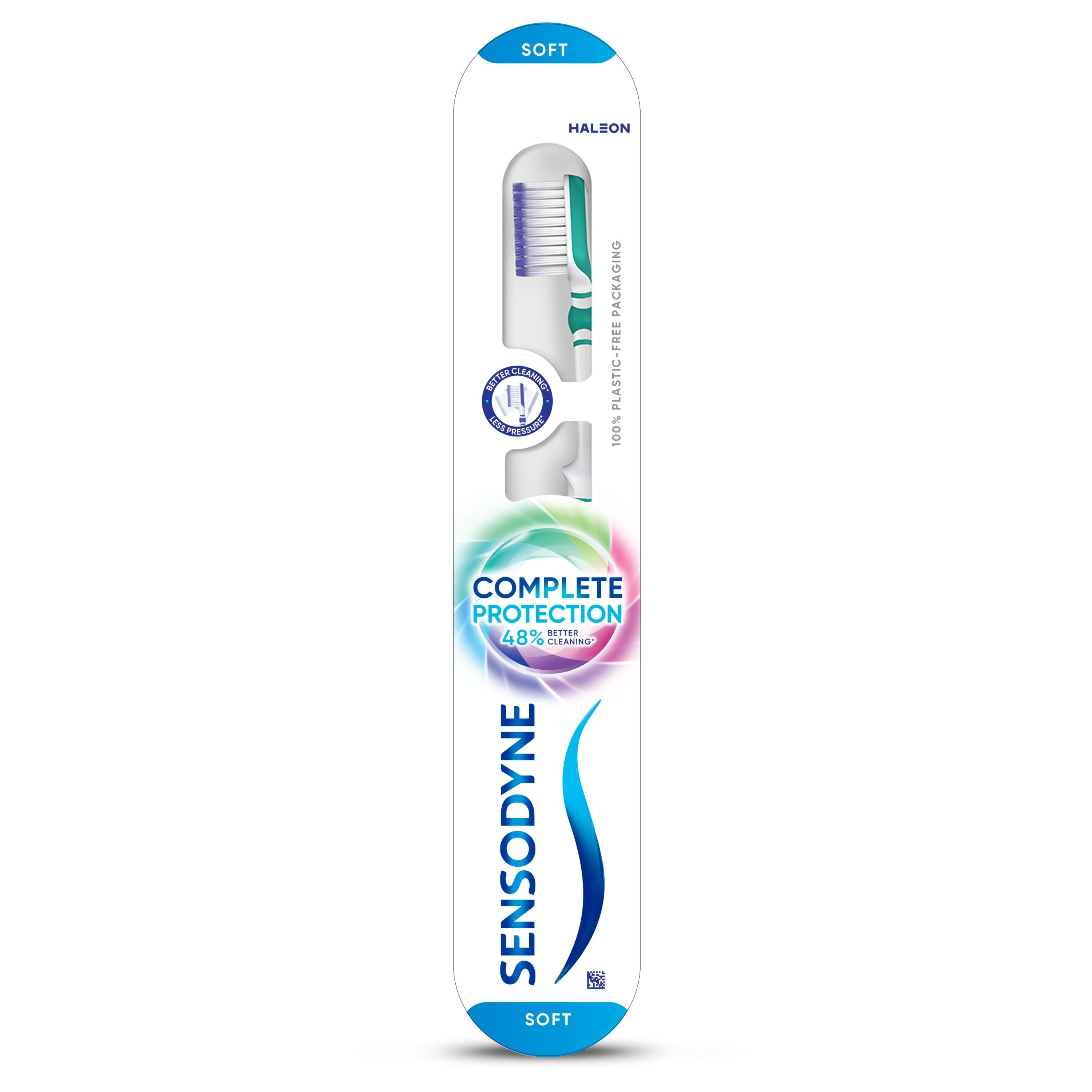 Sensodyne Complete Care toothbrush for sensitive teeth, featuring soft bristles and ergonomic handle in a close-up view.