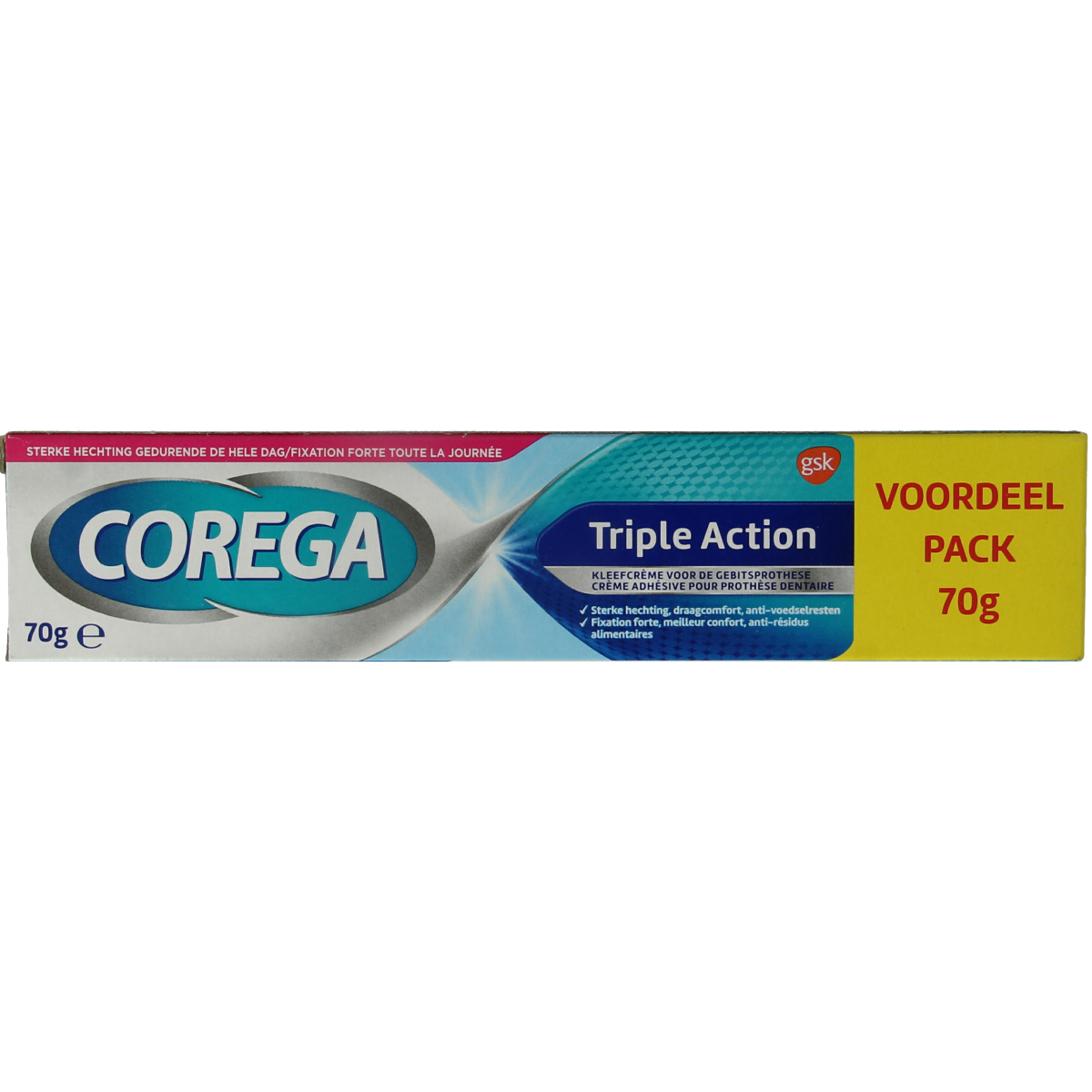 Corega Triple Action Kleefcreme for dentures, 70g tube, providing secure fit and comfort for dental prostheses.