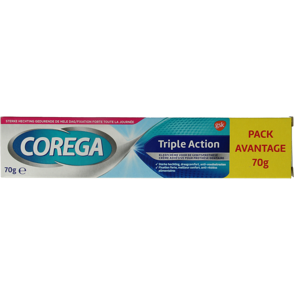 Corega Triple Action Kleefcreme for dentures, 70g tube, providing secure fit and comfort for dental prostheses.