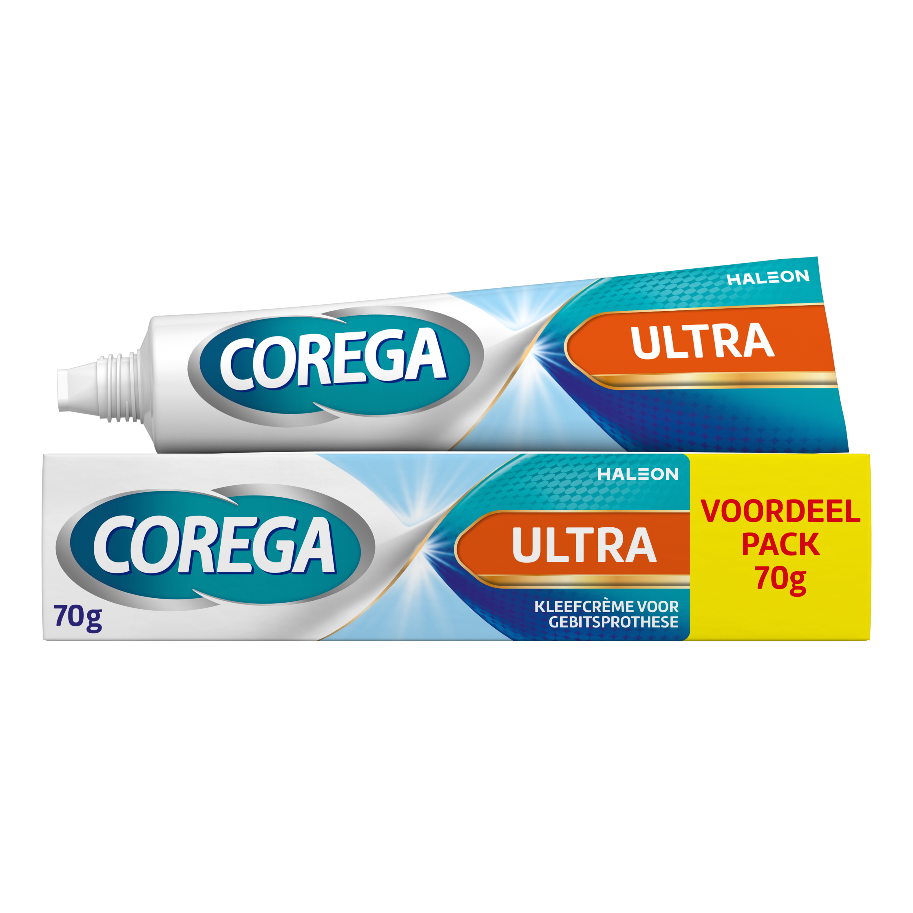Corega Ultra prostheses denture adhesive cream in 70g tube, designed for secure fit and comfort with dental prosthetics