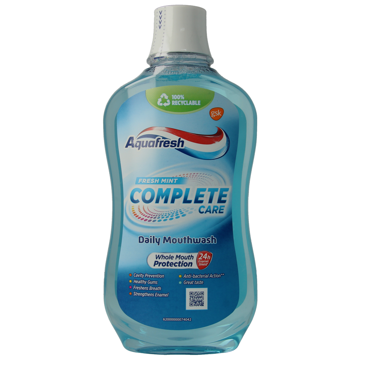 Aquafresh Complete Care mouthwash bottle, 500ml, in a clear plastic container with a blue and white label, showing the Aquafresh logo.