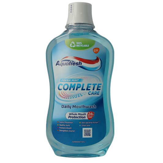 Aquafresh Complete Care mouthwash bottle, 500ml, in a clear plastic container with a blue and white label, showing the Aquafresh logo.