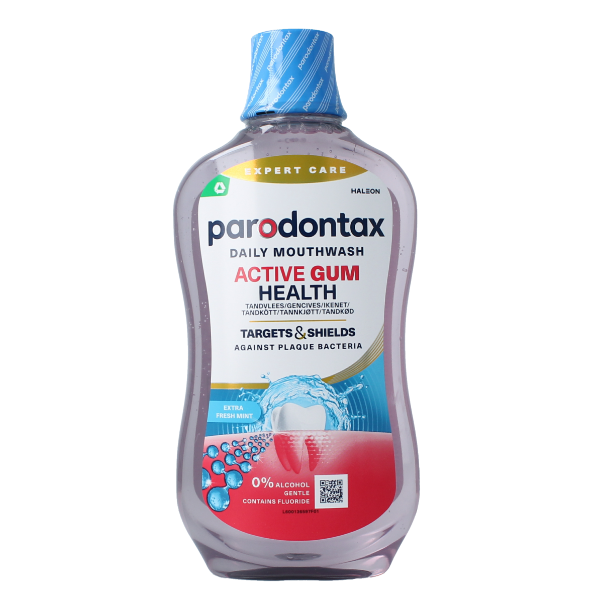 Parodontax Extra Fresh mouthwash in 500ml bottle, a mouth rinse for oral hygiene and fresh breath.