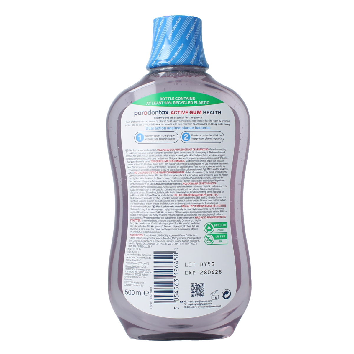 Parodontax Extra Fresh mouthwash in a 500ml bottle, a mouth rinse for oral hygiene and fresh breath.