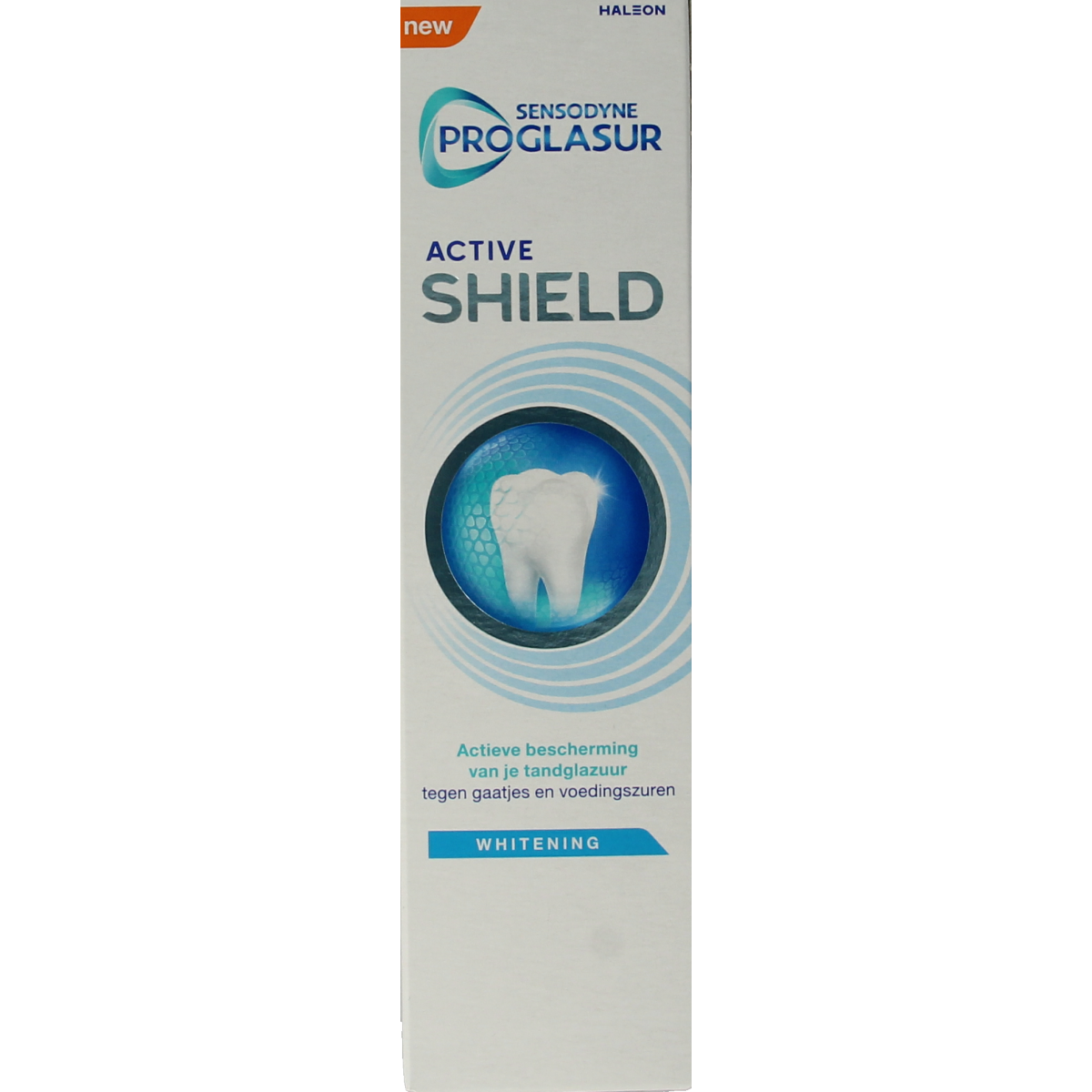Sensodyne Proglasur Active Shield whitening toothpaste in 75ml tube, designed for sensitive teeth protection and stain removal.