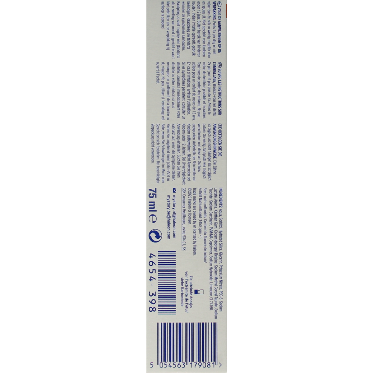 Sensodyne whitening toothpaste in a 75ml tube, featuring active shield formula for sensitive teeth protection.